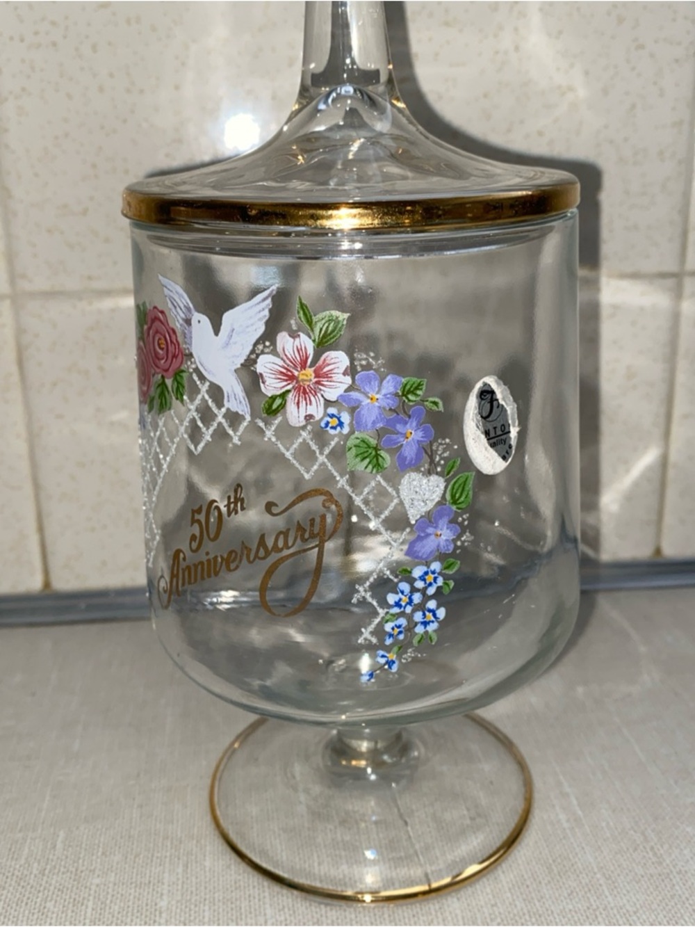 FENTON VTG  50th Anniversary Covered Candy Dish Gold Trim Floral Clear Glass‎